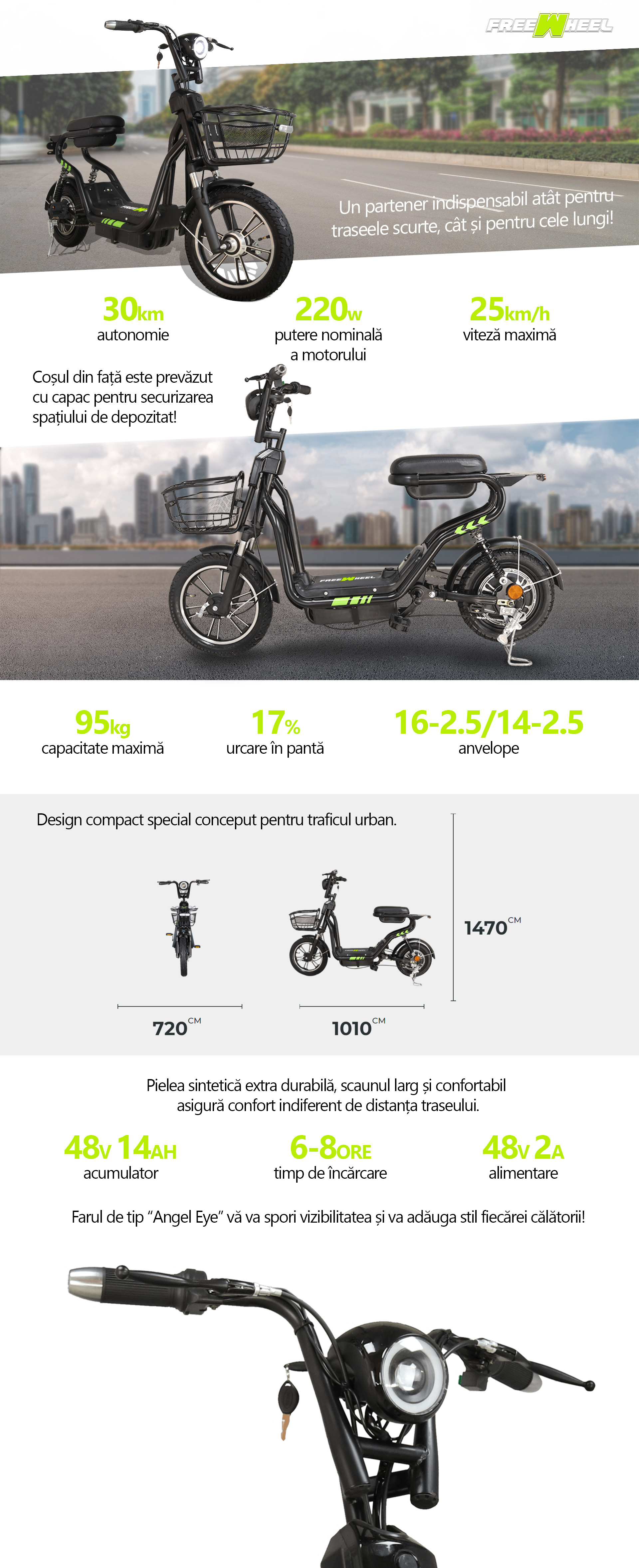 Moped FreeWheel Urban Ride Viteza maxima 25 km/h, Motor 220 W